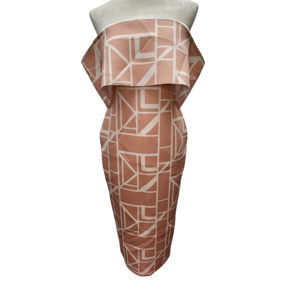 ASOS DESIGN Off Shoulder Midi Dress Peach Geometric Print Size 10 NWT